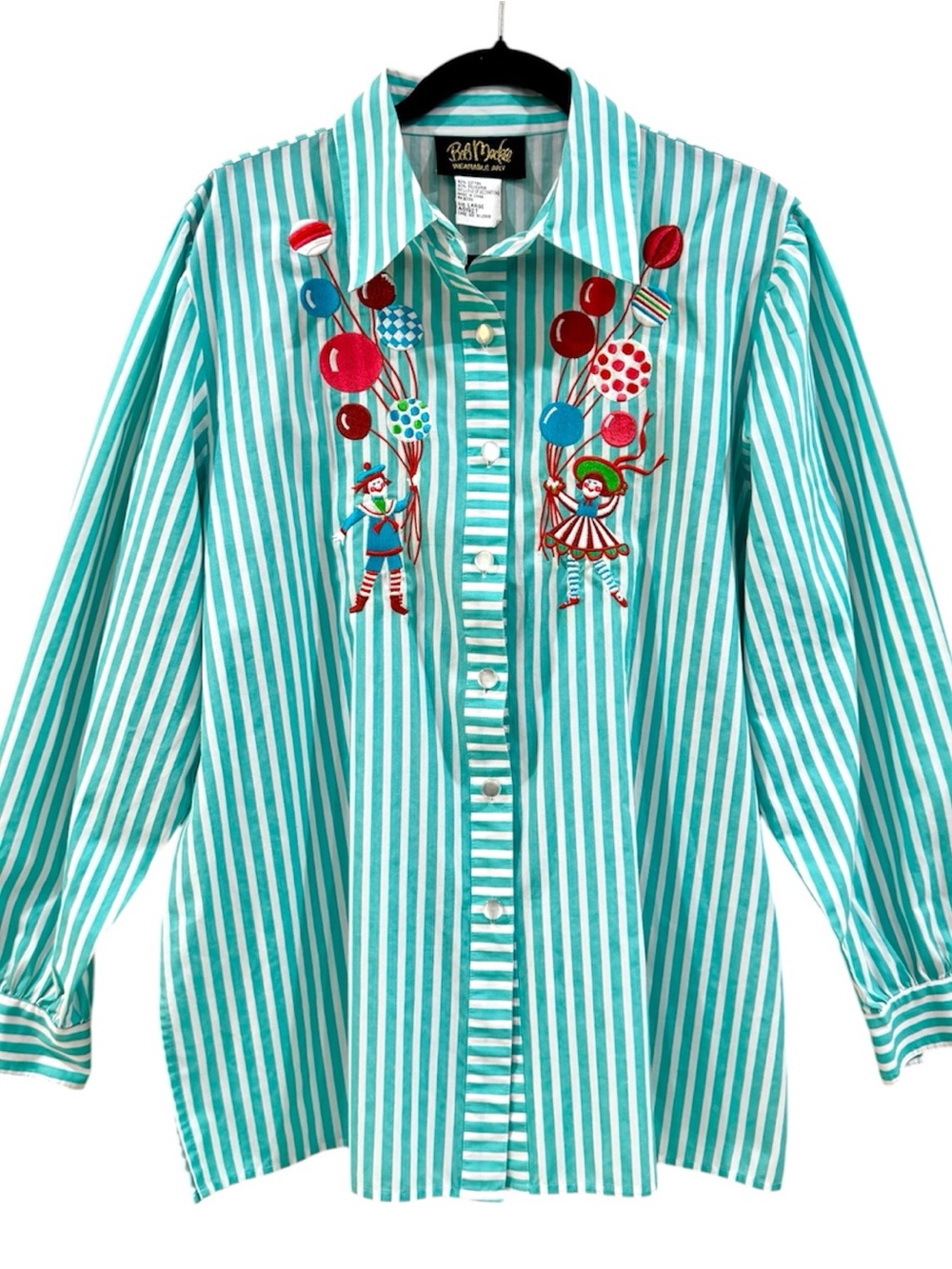 Vintage Bob Mackie Wearable Art Clown Balloon Embroidered Stripe Shirt L